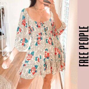 Free People Floral Mini Dress - Cream, Red, Blue